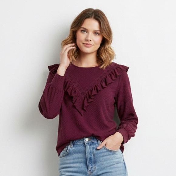 J.CREW Burgundy Ruffle Trim Honeycomb Knit Blouse Top Shirt Keyhole Size Small - Picture 1 of 10